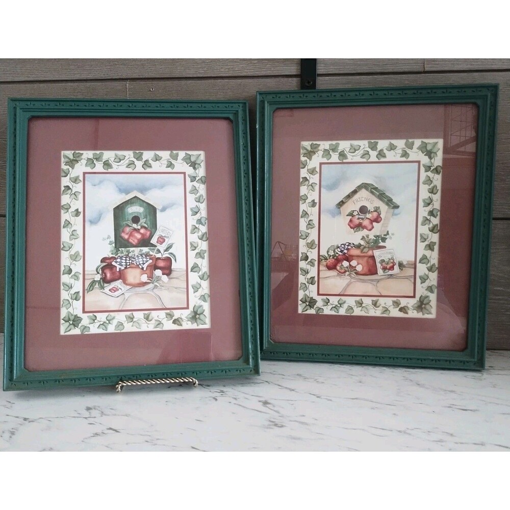 Home Interior Cottage Core Apple Strawberry Green Red Bird House Set Of 2 Prints
